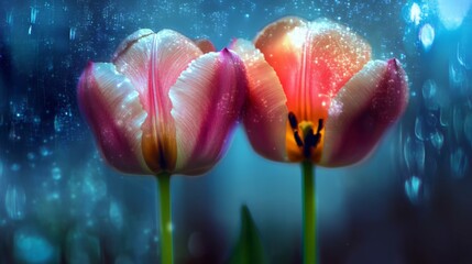 Poster - Intertwining pink tulips illuminated in a deep blue cosmos filled with ethereal chaos and whimsical beauty