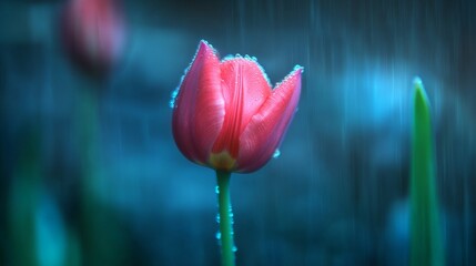 Poster - Intertwined pink tulips against a deep blue universe evoke a sense of wonder and chaos in a surreal landscape of beauty and vibrancy