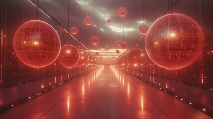 Poster - Red spheres futuristic corridor sunset backdrop