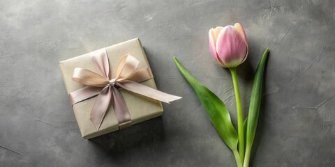 Wall Mural - A thoughtful present, elegantly wrapped with a delicate ribbon, accompanied by a single, lovely tulip blossom