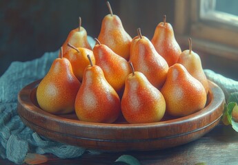 Wall Mural - A wooden bowl filled with ripe, reddish yellow pears sits on a rustic dark brown table near a window. Soft, warm light illuminates the scene