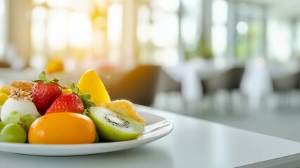 Poster - Sunlight illuminates a plate of fresh fruit including strawberries, orange, kiwi, grapes and a small dessert on a table in a hotel restaurant