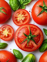 Wall Mural - Ripe Tomatoes, Basil, Marble Background, Food Photography