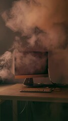 Poster - Orange smoke coming out of a desktop computer screen on a desk with a keyboard and mouse, illustrating the concept of fire hazard and computer failure