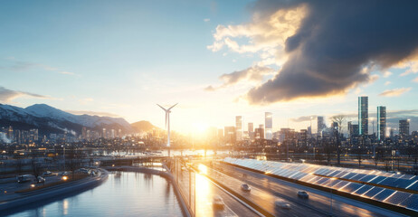Poster - A vibrant city skyline is illuminated by the warm glow of the setting sun, highlighting solar panels along a waterway and a wind turbine. Skyscrapers reflect ecological advancements in energy.
