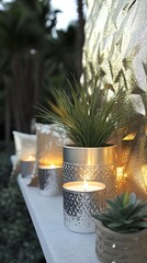 Canvas Print - Silver candles burn, garden backdrop