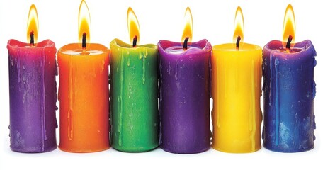 Wall Mural - Seven colorful candles arranged in a row against a plain background. Each candle is a different vibrant color, and they are lit, creating a warm and