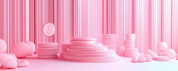 Poster - A whimsical, pink-themed scene featuring stacks of plates and round shapes, creating a playful and aesthetic atmosphere.
