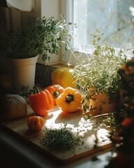 Canvas Print - Sunlit kitchen herbs, peppers, preparing meal