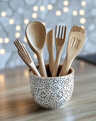 Canvas Print - Wooden Utensils in Bowl, Kitchen, Festive Lights