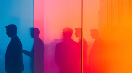 Aufkleber - Business partners walking behind a colorful glass wall in a modern office building, creating a vibrant and dynamic atmosphere, symbolizing collaboration and innovation in the corporate world