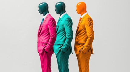 Wall Mural - Bright and Colorful Mannequins in Suits Standing on a White Background for Business Concepts