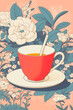 © Artificial South - Floral Teacup Delight: A vibrant illustration showcases a red teacup filled with golden tea, nestled amidst a blossoming garden of delicate white flowers and lush green foliage.