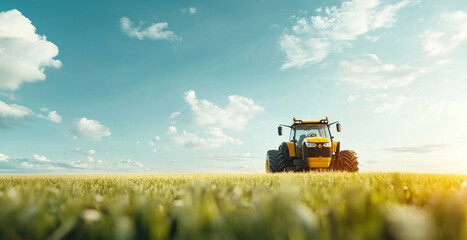 Aufkleber - A modern tractor is actively working in a vast field under a clear sky. The sun casts a warm glow over the landscape, emphasizing the expansive farmland and the importance of agricultural innovation.