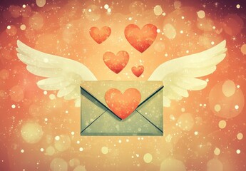 Wall Mural - Romantic illustration of a winged envelope carrying hearts on a bokeh background