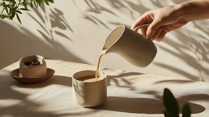 Poster - A hand gracefully pours rich coffee from a ceramic jug into a simple cup, as shadows dance on a neutral tablecloth, creating a peaceful and inviting atmosphere perfect for relaxation
