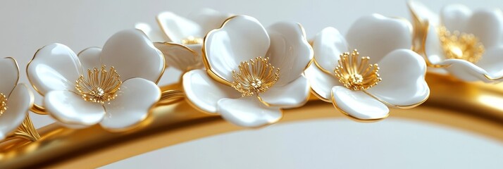 Canvas Print - Exquisite Porcelain Flowers with Golden Accents on a Gold Branch, Isolated on White.