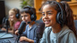© Анна Ясониди - A child-focused radio studio with small microphones, playful decorations, and kids speaking into the mic, cheerful atmosphere