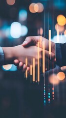 Poster - Two businesspeople shaking hands with an increasing stock market candlestick graph and bokeh lights in the background, celebrating a successful deal