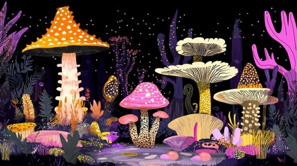 Poster - Vibrant Abstract Representations of Fungi in a Whimsical Night Scene