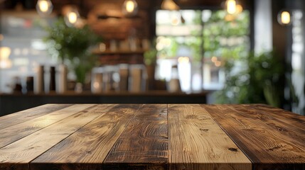 Poster - A beautifully crafted wooden table stands prominently in a delightful cafe adorned with vibrant plants and atmospheric lighting, creating a welcoming space for patrons
