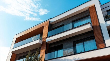 Poster - A contemporary building features striking lines, wooden accents, and glass balconies overlooking the bustling cityscape. Sunlight enhances its elegant design, creating a vibrant atmosphere