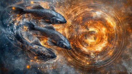 Wall Mural - Two dark fish swim through a swirling vortex of fiery orange and gold sparks, cosmic scene