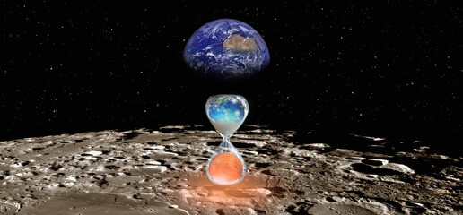 Poster - The Earth as Seen from the Surface of the Moon, Earth is becoming a dead planet like Mars - Hourglass inside Planet Earth and Mars isolated on black background