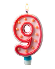 birthday red candle in the shape of the number 9  for a festive cake on the white background