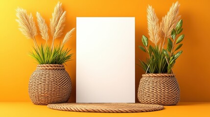 Poster - White blank paper sheet placed on a bright yellow background for design and creativity purposes
