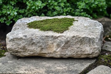 Canvas Print - Grey Stone with Green Moss in Garden Setting