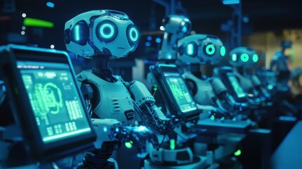 Aufkleber - Advanced robots processing information on glowing computer screens in a futuristic laboratory, illustrating the potential of artificial intelligence and innovative automation