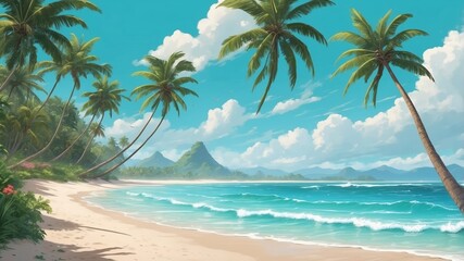 Wall Mural - tropical beach with clear blue water and palm trees on a sunny day