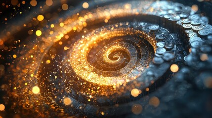 Poster - Abstract Spiral Pattern with Gleaming Golden Particles and Soft Warm Lights in a Deep Blue Background