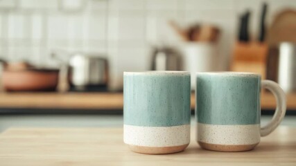 Poster - Two empty ceramic mugs stand on a wooden table in a modern kitchen with blurred background appliances, creating a cozy and inviting atmosphere in slow motion