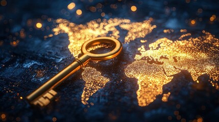 Poster - Golden Key on Sparkling World Map Symbolizing Exploration, Opportunity, and Global Connections at Night