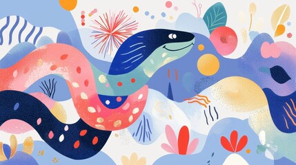 Poster - Colorful Abstract Illustration of a Playful Snake with Whimsical Background Elements in Vibrant Pastel Shades