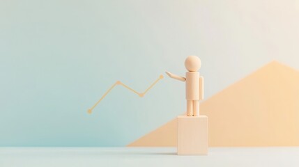Poster - Wooden figure standing on block pointing at rising graph line on pastel background showcasing growth and progress concepts