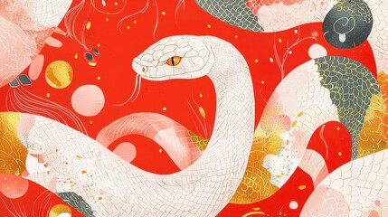 Poster - Serene Illustration of a White Snake on Vibrant Red Background with Abstract Shapes and Textures