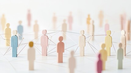 Poster - Diverse Wooden Figures Connected by Lines Representing Social Interaction and Community Network in a Minimalistic Setting