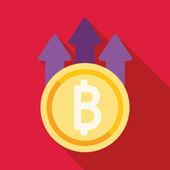 Poster - gold coin with thai baht currency symbol increasing its value with three purple arrows pointing up o