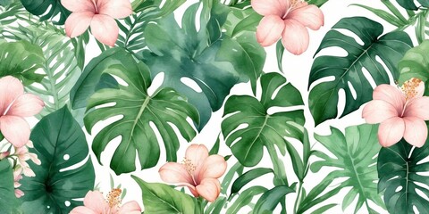 Poster - Tropical foliage featuring pink hibiscus flowers and vibrant green leaves in a lush botanical pattern