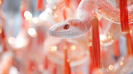 Poster - Vibrant Decorative Hanging Snake Figurine with Red Tassels Against a Blurred Background