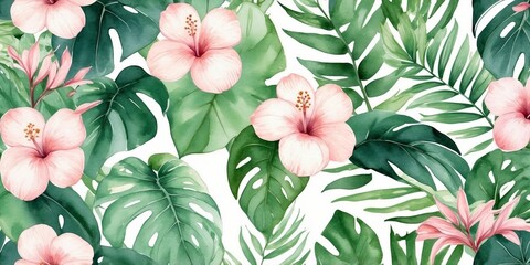 Poster - Tropical floral pattern featuring hibiscus flowers and lush green leaves in a vibrant arrangement