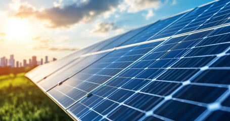 Aufkleber - Solar panels are arranged in a field, absorbing sunlight during sunset. The skyline of a city is visible in the background, reflecting the importance of renewable energy for urban environments.