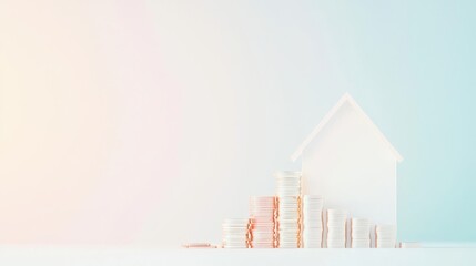Poster - Conceptual representation of real estate investment with stacks of coins and a house silhouette against a pastel background