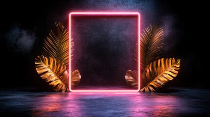 Poster - Neon frame featuring a palm leaf and a glowing neon sign in vibrant colors against a dark background