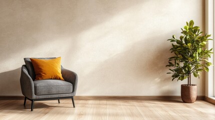 Wall Mural - Chair with a potted plant in a bright and minimalist interior room setting