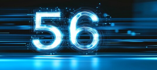 Poster - Glowing Blue Digital Number 56 on a Futuristic Abstract Background with Speed Lines. 3D Render
