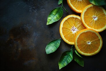 Poster - Fresh oranges with green leaves arranged on a table